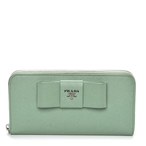 PRADA Saffiano Fiocco Bow Zip Around Wallet Acquamarina 